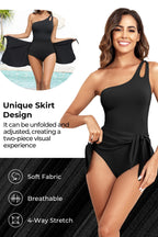 Emoswims - One Shoulder One Piece Swim Dress for Women Tummy Control Swimsuit with Skirt