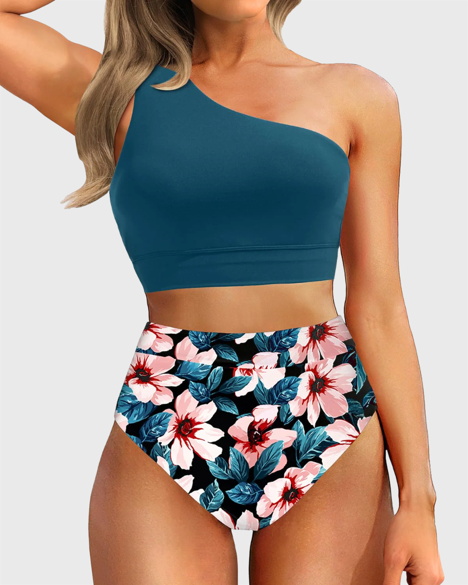 Emoswim - One Shoulder High Waisted Bikini Sets Two Piece Swimsuit Tummy Control-Teal Flower