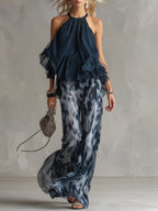 Gabriel Moreno - Ludovica | Conjunto Elegante Azul Marino con Top Halter y Pantalón Ancho Estampado