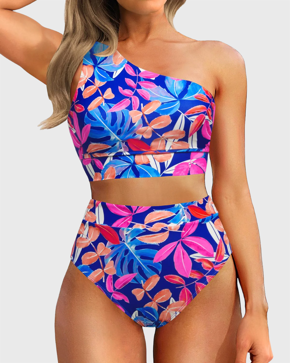 Emoswim - One Shoulder High Waisted Bikini Sets Two Piece Swimsuit Tummy Control-Colorful Leaves