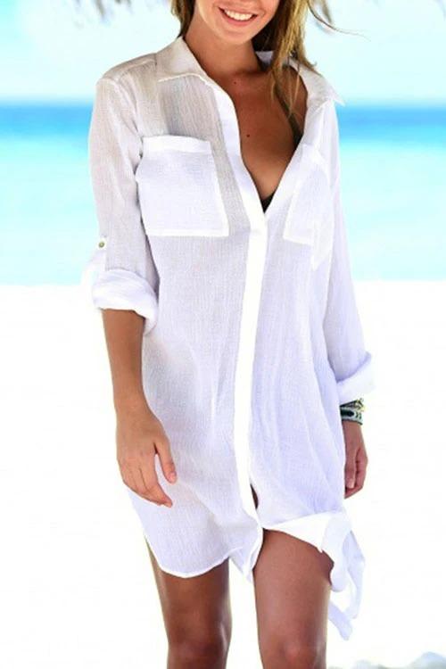 Emoswims - White Pocket Long Sleeve Cover Up