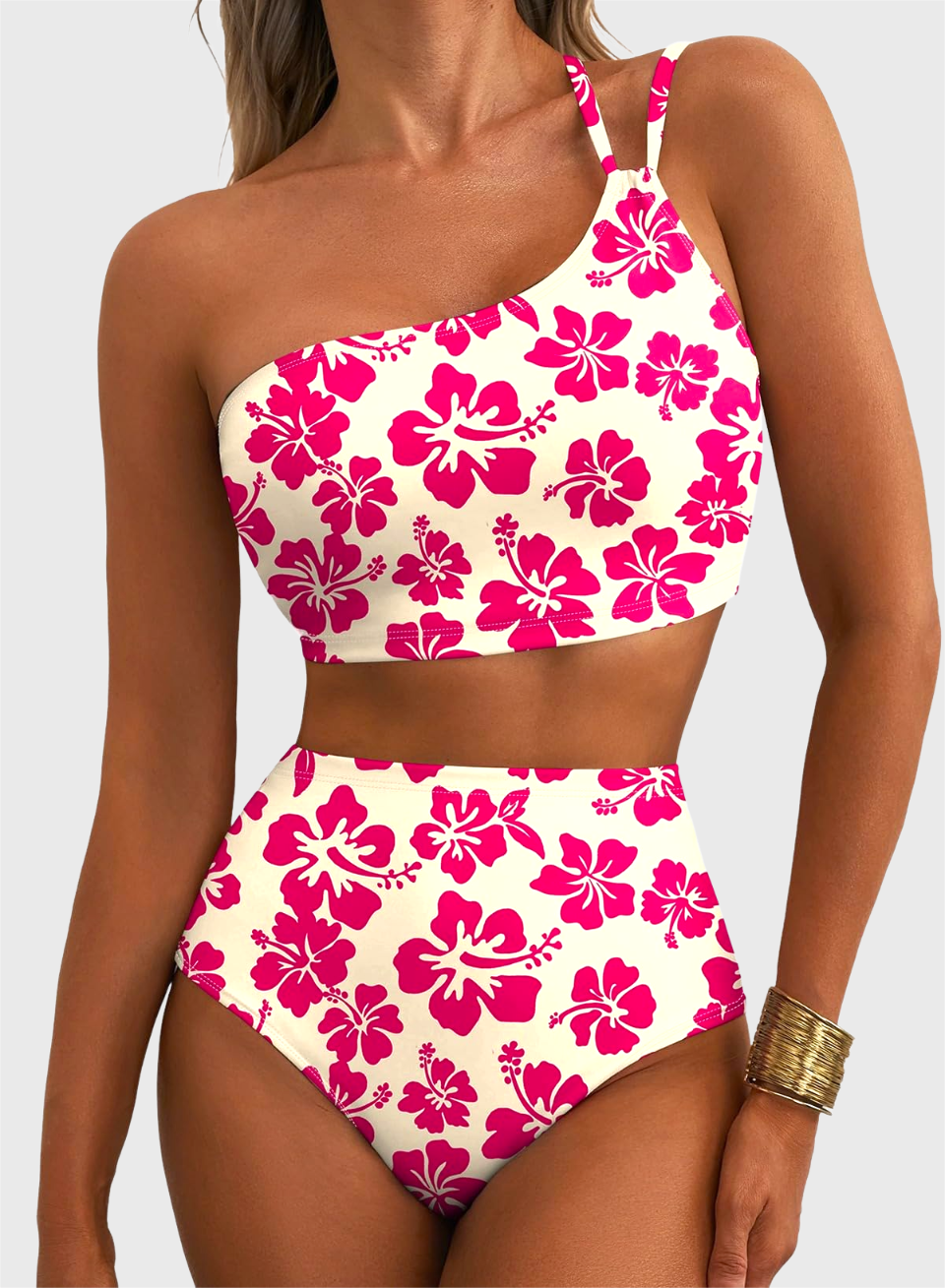 Emoswim - Women's High Waisted Bikini Sets One Shoulder Floral Print Swimsuits 2 piece Tummy Control Bathing Suits