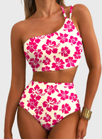 Emoswim - Women's High Waisted Bikini Sets One Shoulder Floral Print Swimsuits 2 piece Tummy Control Bathing Suits