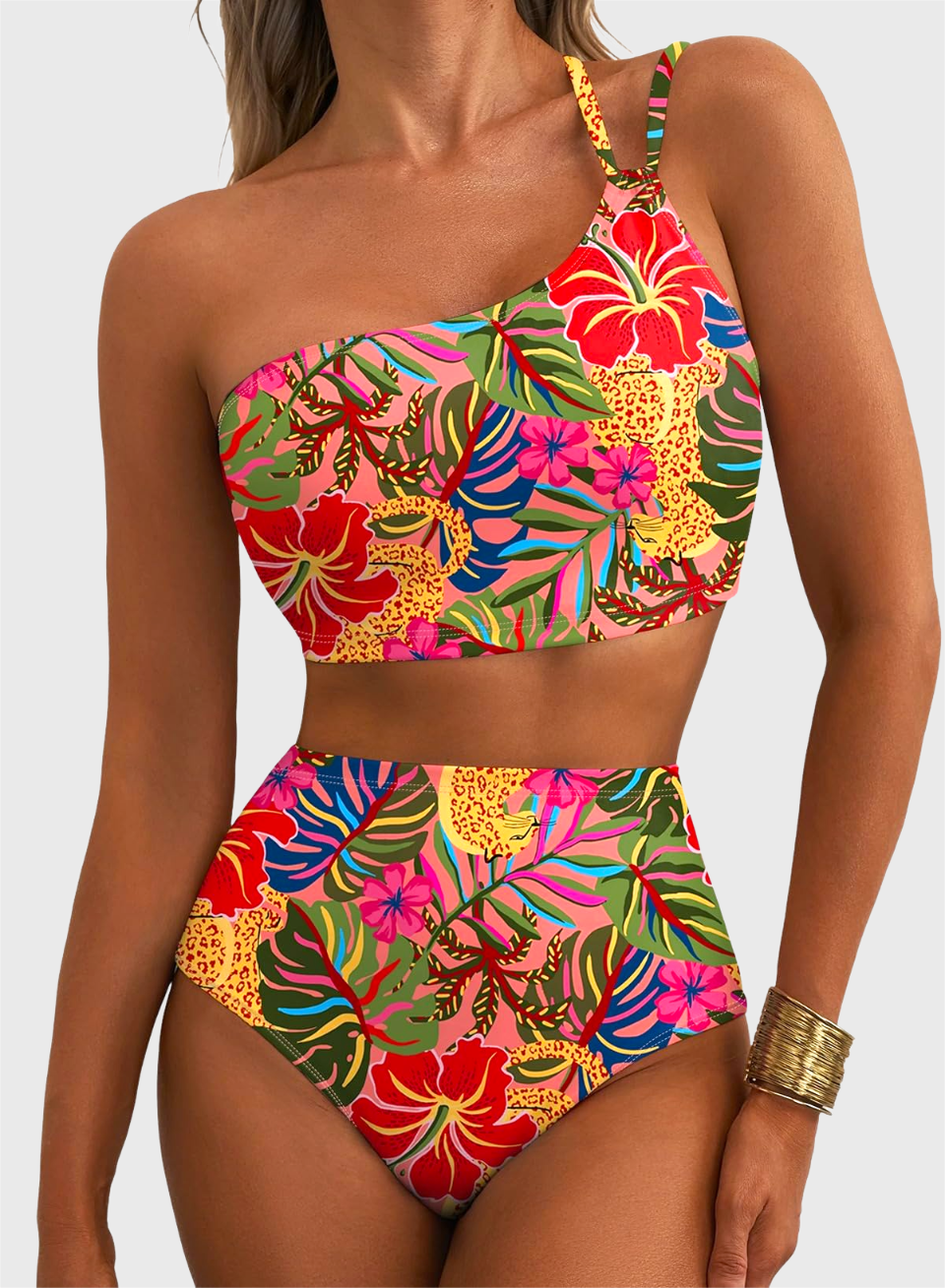 Emoswim - Women's High Waisted Bikini Sets One Shoulder Floral Print Swimsuits 2 piece Tummy Control Bathing Suits