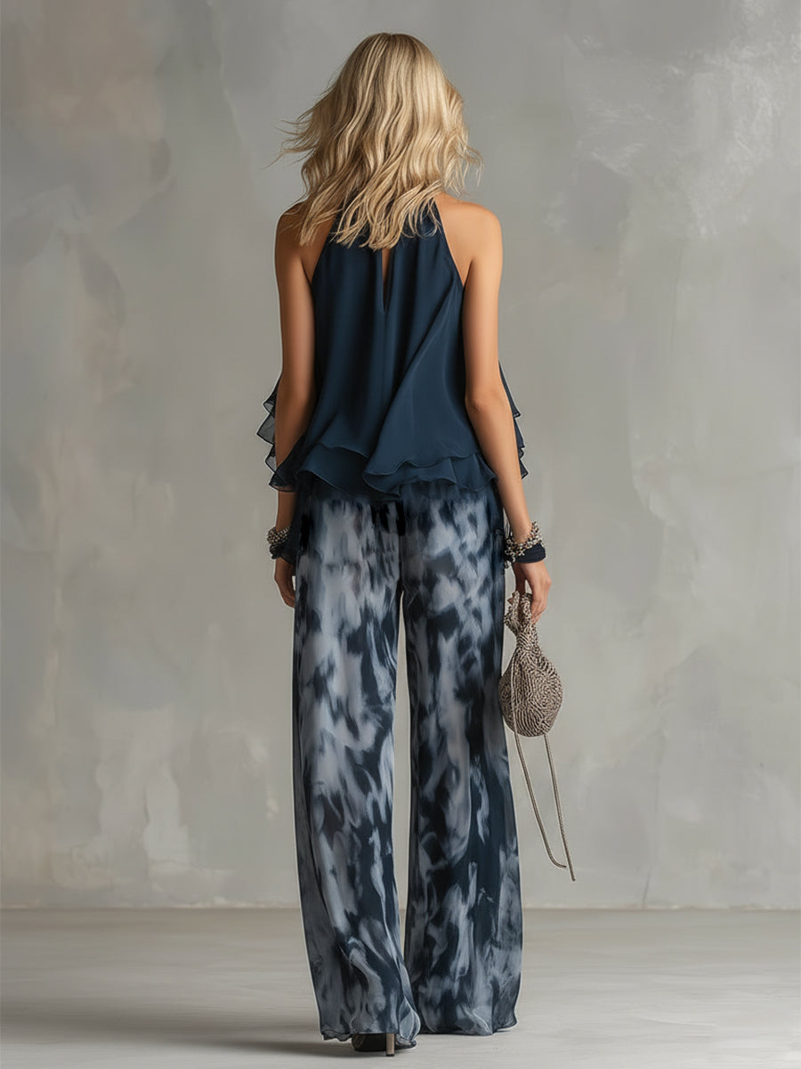 Gabriel Moreno - Ludovica | Conjunto Elegante Azul Marino con Top Halter y Pantalón Ancho Estampado