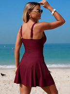 Emoswim - Women's Deep V-Neck Swimdress Belt Fashionable Elegant Swim Dress with Adjustable Straps