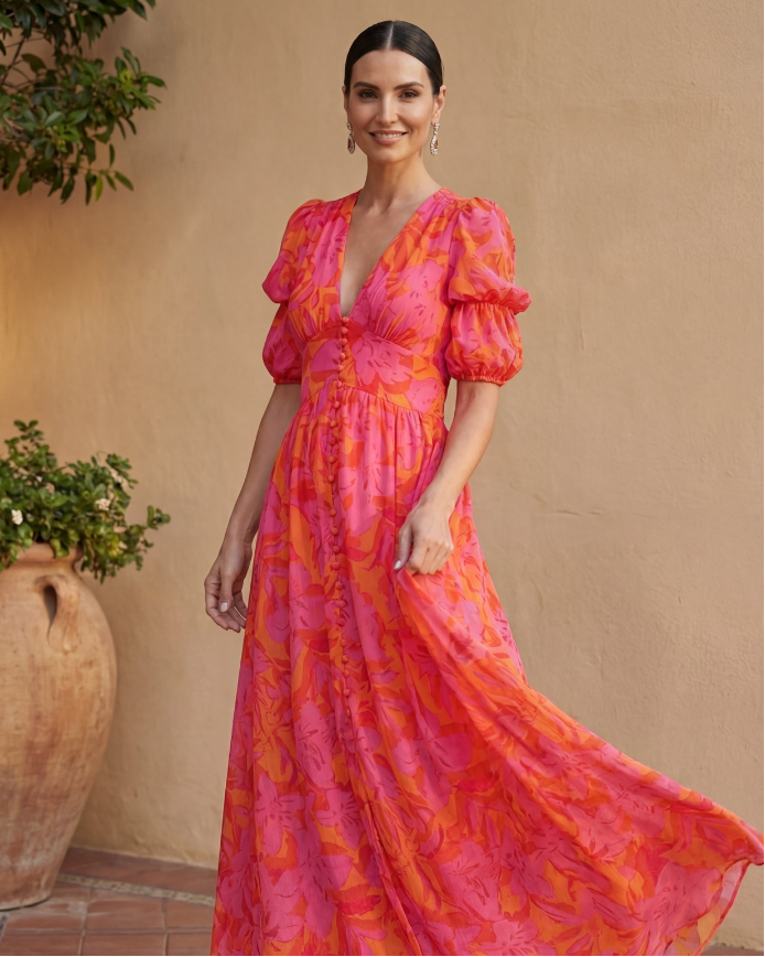 Zarelle | Vestido midi con escote en V y mangas abullonadas, en un estampado floral audaz