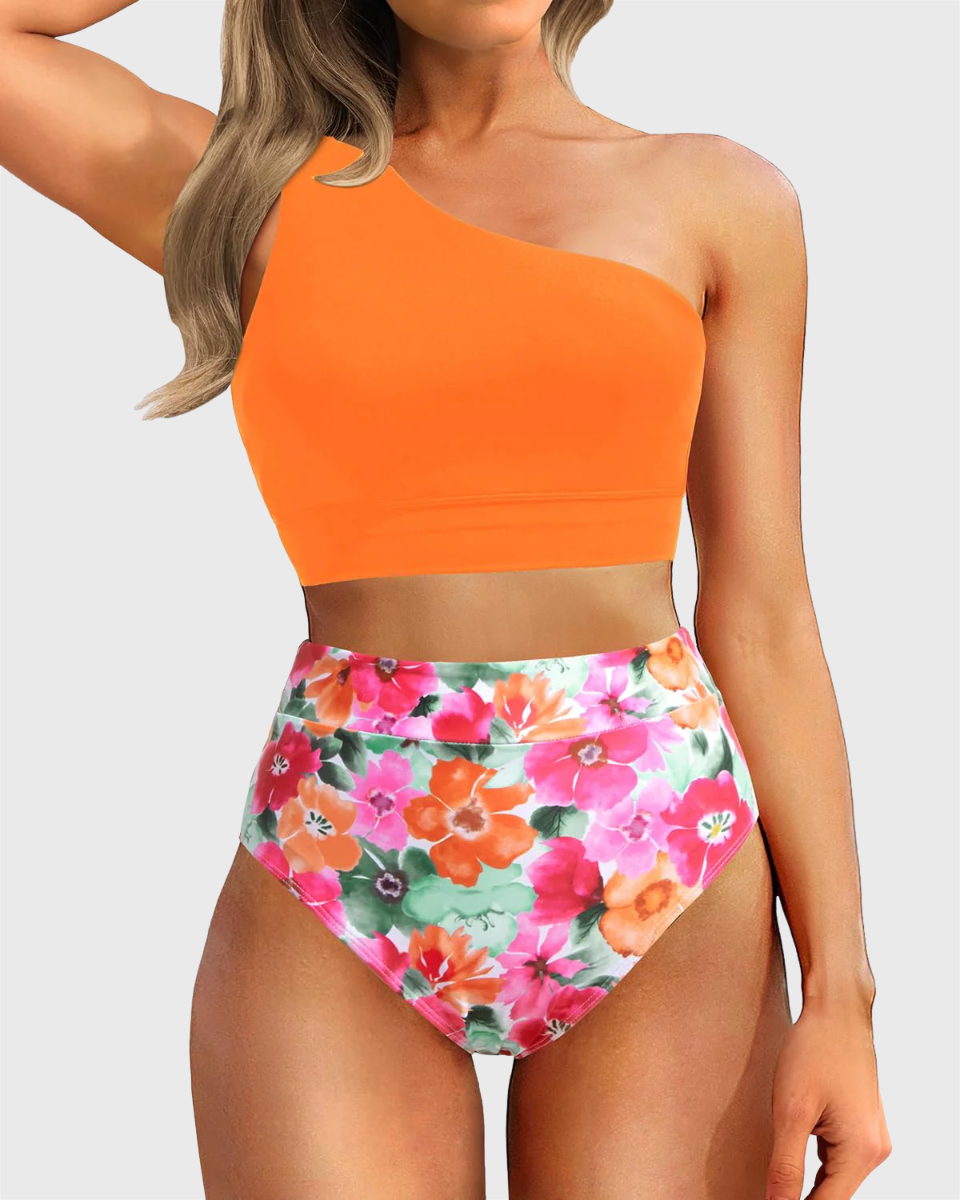 Emoswim - One Shoulder High Waisted Bikini Sets Two Piece Swimsuit Tummy Control-Orange Floral