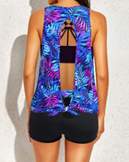 Emoswim - Women's 3 Piece Scoop Neck Criss Cross Tankini Swimsuits-Blue Purple Leaves