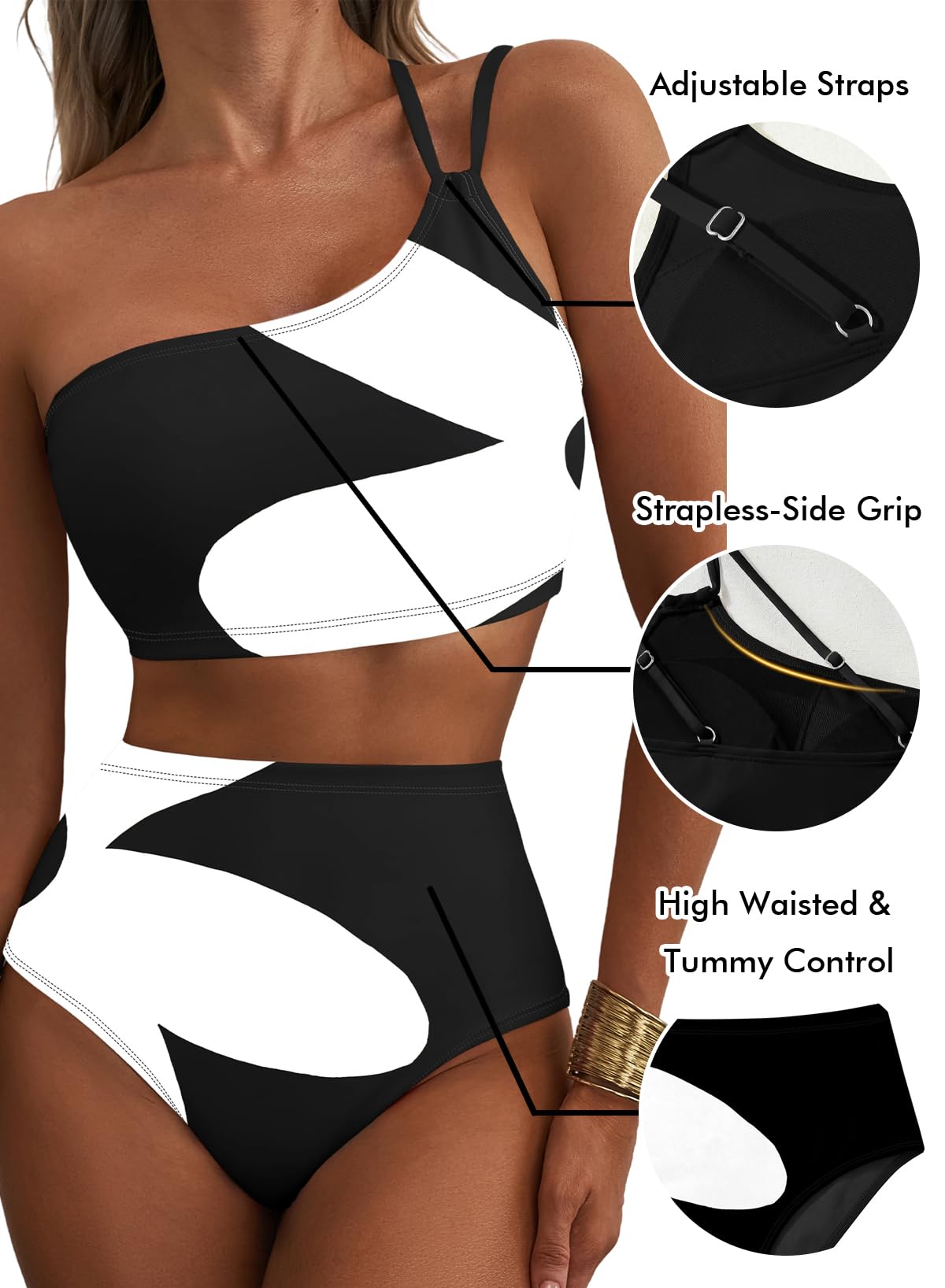 Emoswim - Women's High Waisted Bikini Sets One Shoulder Floral Print Swimsuits 2 piece Tummy Control Bathing Suits