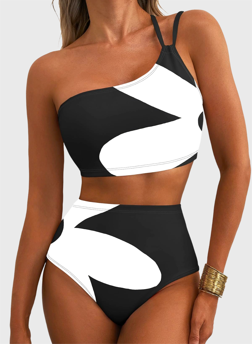 Emoswim - Women's High Waisted Bikini Sets One Shoulder Floral Print Swimsuits 2 piece Tummy Control Bathing Suits