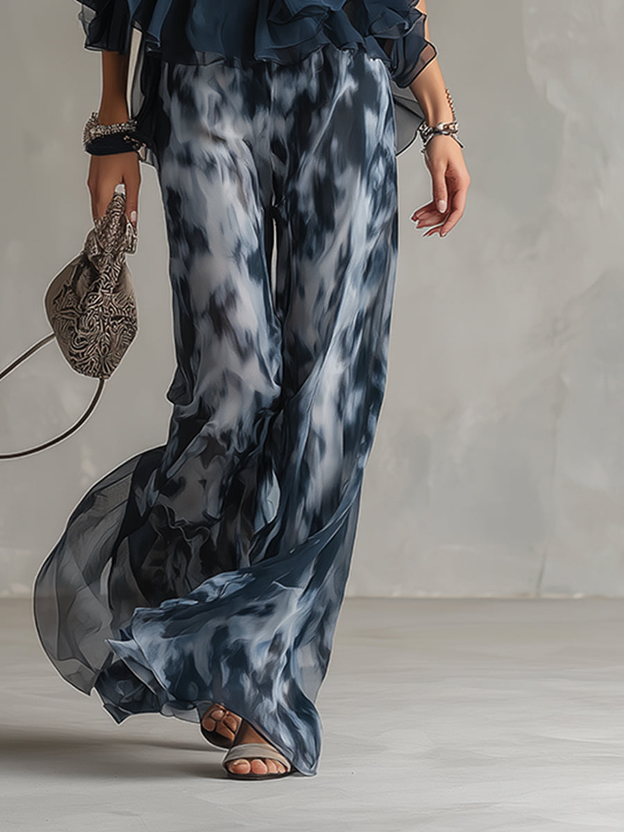Gabriel Moreno - Ludovica | Conjunto Elegante Azul Marino con Top Halter y Pantalón Ancho Estampado