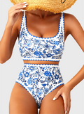 Emoswim - Women's Bikini Sets Floral Print Whip Stitch 2 Piece Swimsuits High Waisted Scoop Bathing Suits