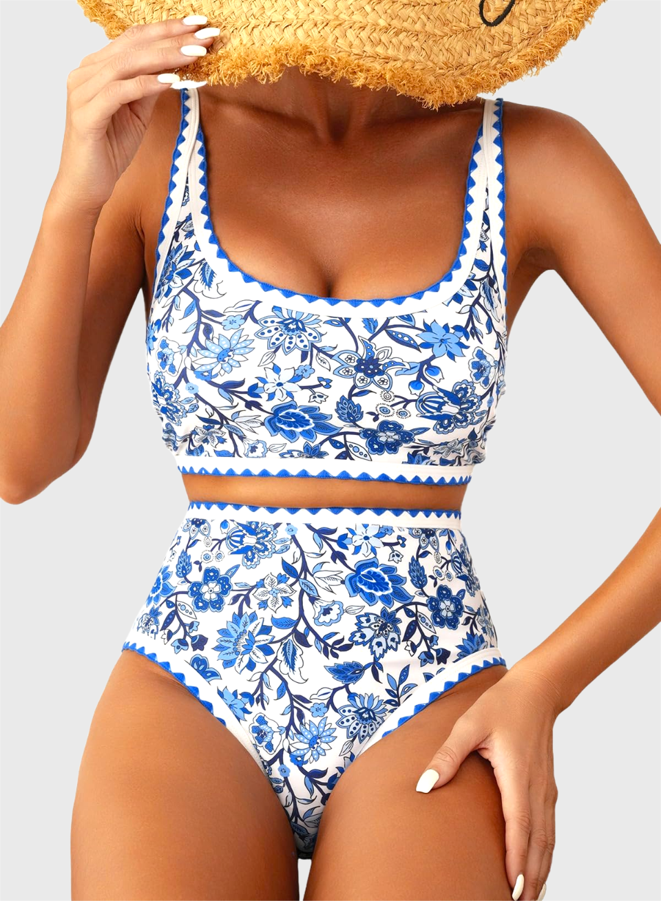 Emoswim - Women's Bikini Sets Floral Print Whip Stitch 2 Piece Swimsuits High Waisted Scoop Bathing Suits