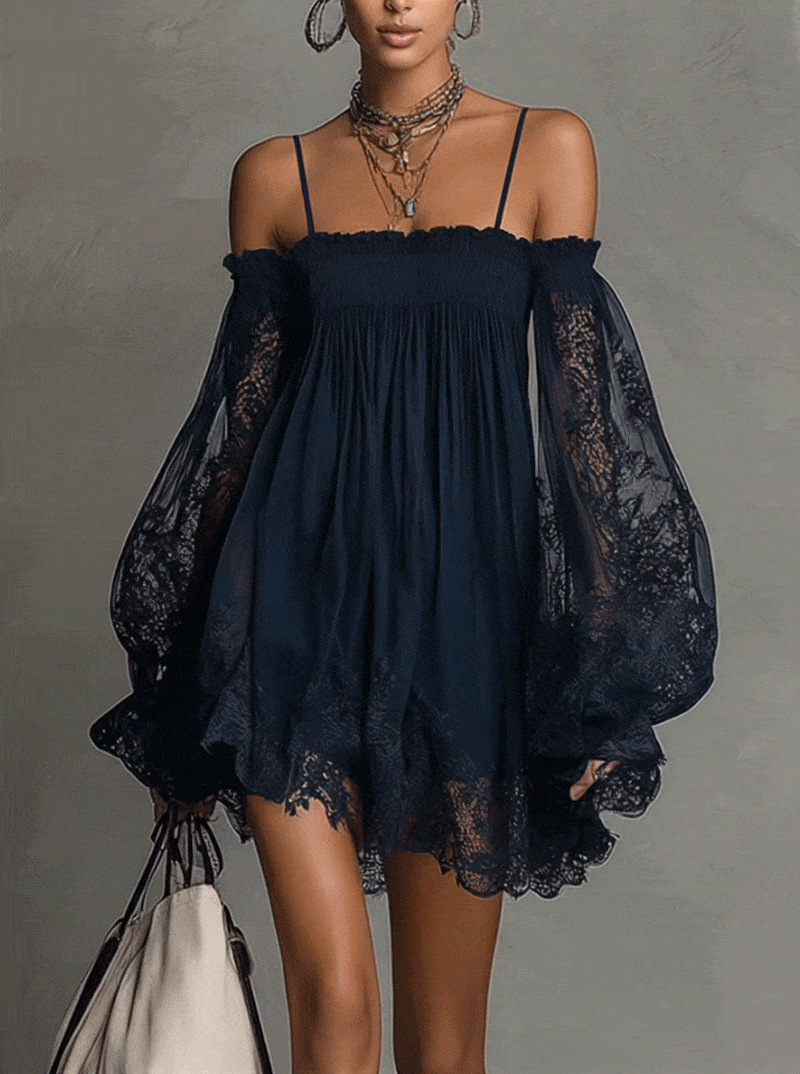 Gabriel Moreno - Noemi | Mini Vestido de Gasa Azul Marino con Escote Off-Shoulder, Encaje y Mangas Transparentes