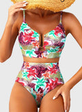 Emoswim - 2026 Summer Two Piece Bikini Set U-Wire Cutout High Waisted Swimsuit-Green Pink Lily