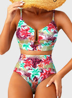 Emoswim - 2026 Summer Two Piece Bikini Set U-Wire Cutout High Waisted Swimsuit-Green Pink Lily