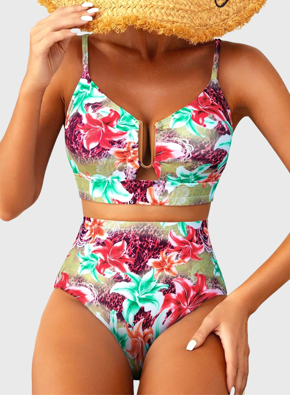Emoswim - 2026 Summer Two Piece Bikini Set U-Wire Cutout High Waisted Swimsuit-Green Pink Lily