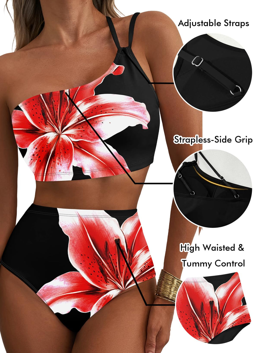 Emoswim - Women's High Waisted Bikini Sets One Shoulder Floral Print Swimsuits 2 piece Tummy Control Bathing Suits