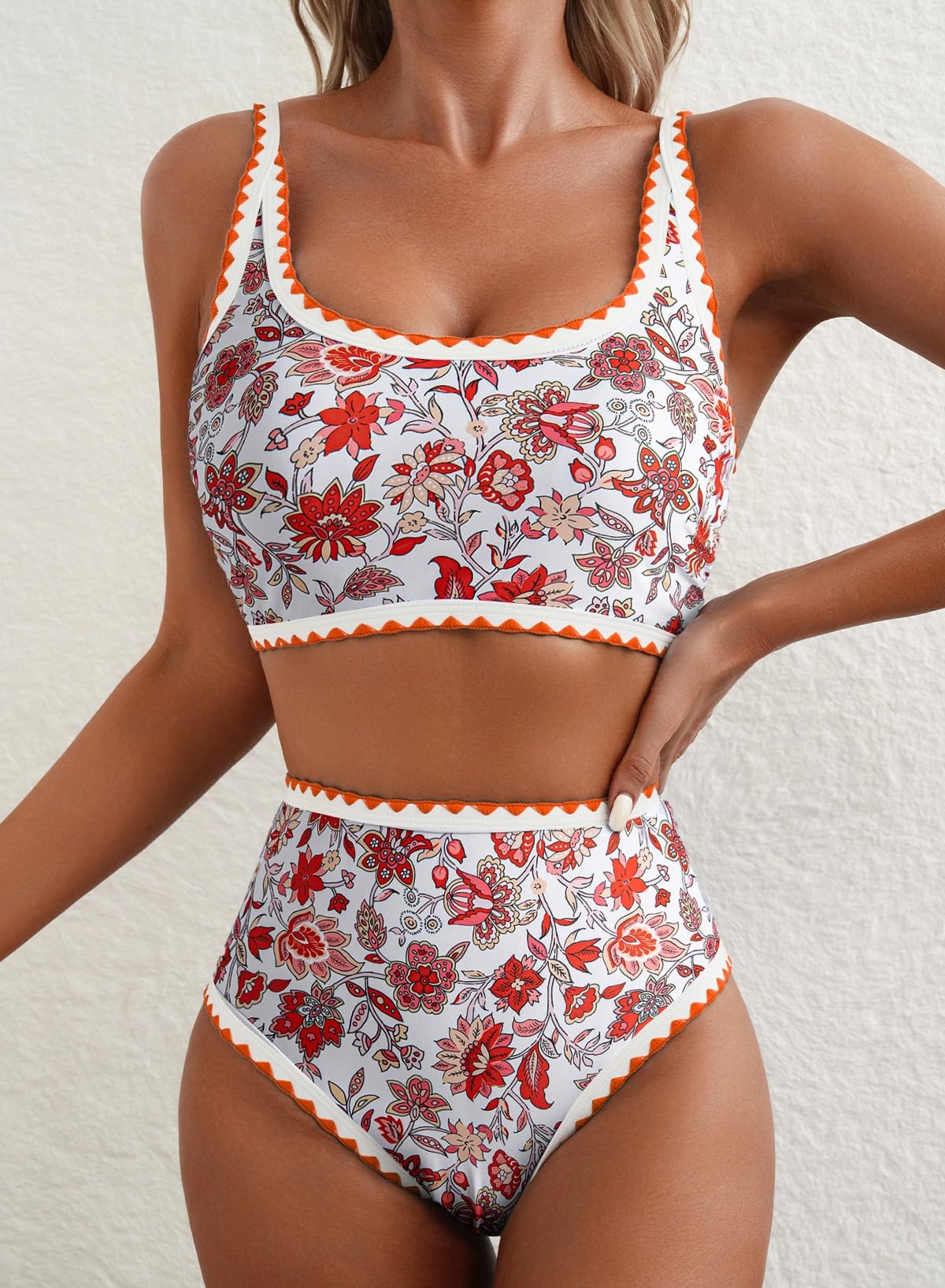 Emoswim - Women's Bikini Sets Floral Print Whip Stitch 2 Piece Swimsuits High Waisted Scoop Bathing Suits