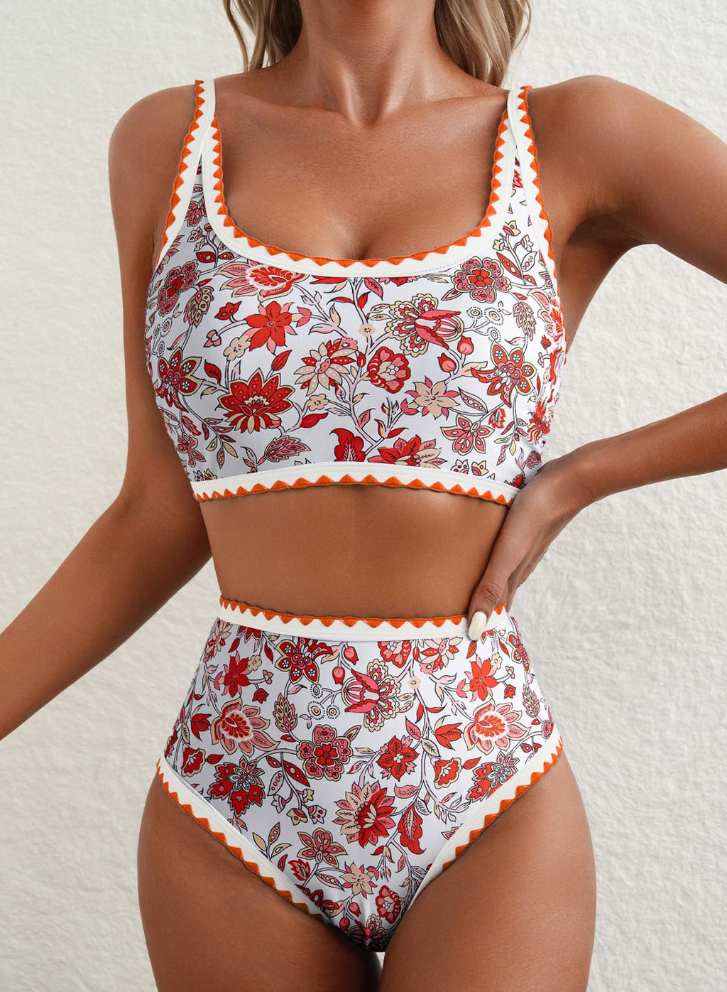 Emoswim - Women's Bikini Sets Floral Print Whip Stitch 2 Piece Swimsuits High Waisted Scoop Bathing Suits