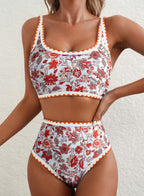 Emoswim - Women's Bikini Sets Floral Print Whip Stitch 2 Piece Swimsuits High Waisted Scoop Bathing Suits
