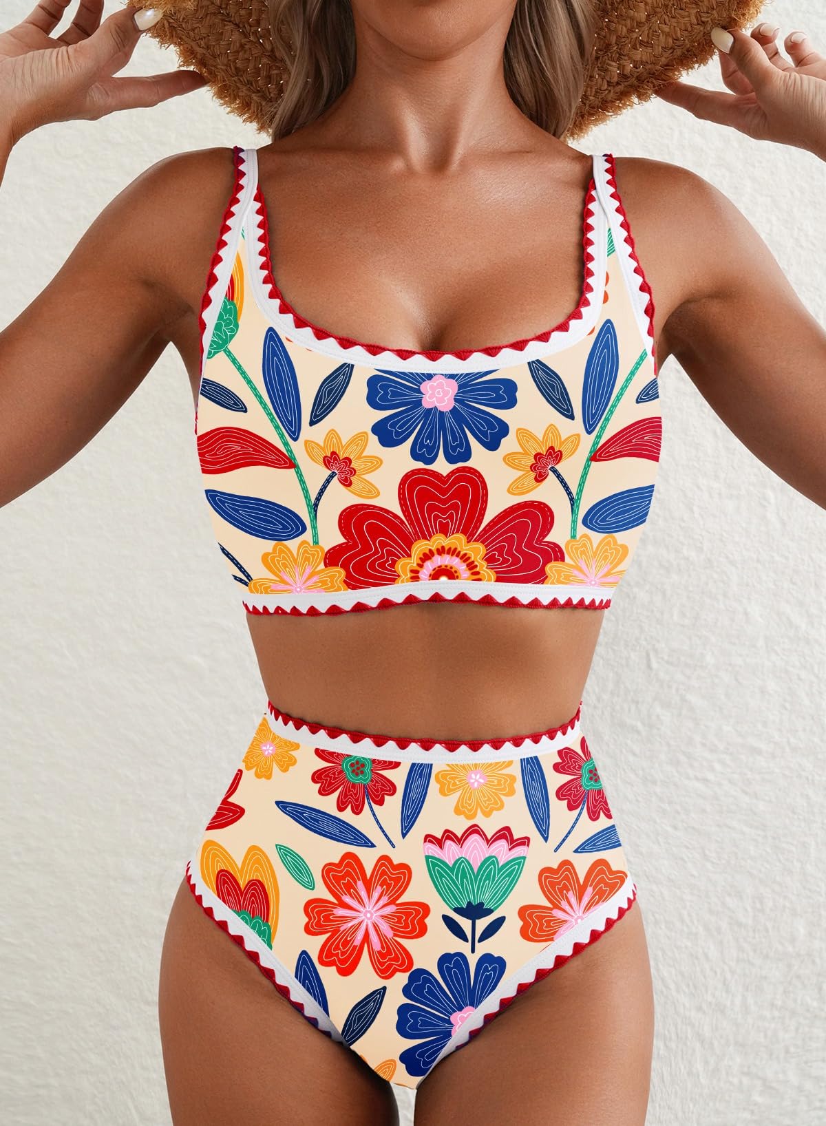 Emoswim - Women's Bikini Sets Floral Print Whip Stitch 2 Piece Swimsuits High Waisted Scoop Bathing Suits