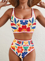 Emoswim - Women's Bikini Sets Floral Print Whip Stitch 2 Piece Swimsuits High Waisted Scoop Bathing Suits