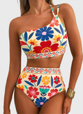 Emoswim - Women's High Waisted Bikini Sets One Shoulder Floral Print Swimsuits 2 piece Tummy Control Bathing Suits