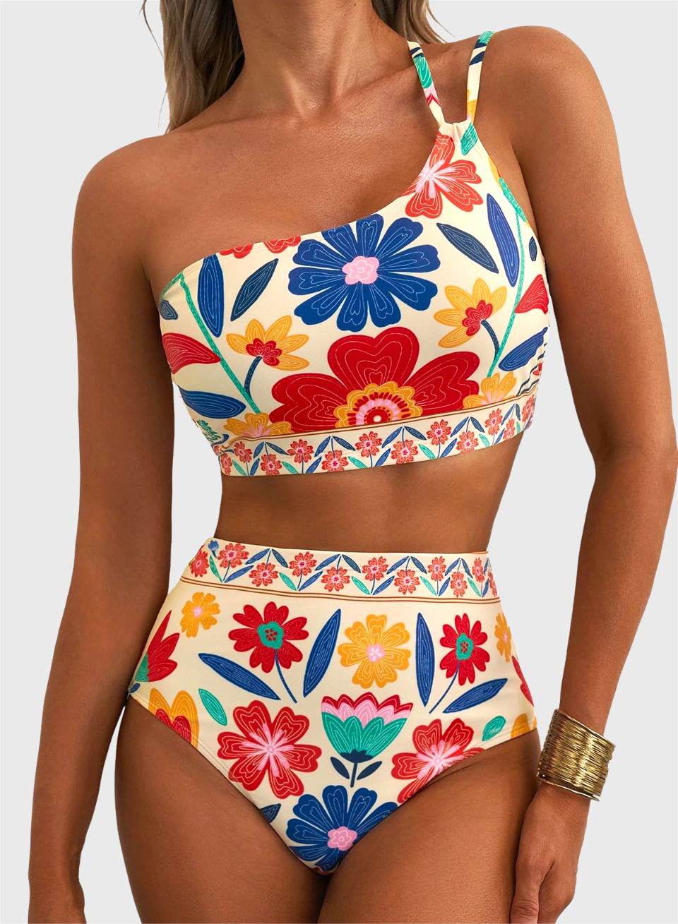 Emoswim - Women's High Waisted Bikini Sets One Shoulder Floral Print Swimsuits 2 piece Tummy Control Bathing Suits