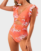 Emoswims - Ruffle Sleeve Cut-Out Ruched One-Piece Swimsuit