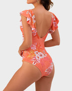 Emoswims - Ruffle Sleeve Cut-Out Ruched One-Piece Swimsuit