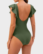 Emoswims - Ruffle Sleeve Cut-Out Ruched One-Piece Swimsuit