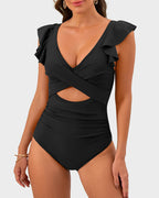 Emoswims - Ruffle Sleeve Cut-Out Ruched One-Piece Swimsuit