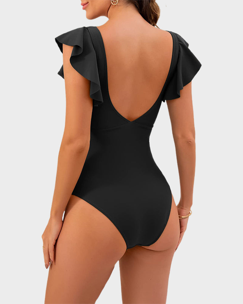 Emoswims - Ruffle Sleeve Cut-Out Ruched One-Piece Swimsuit