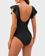 Emoswims - Ruffle Sleeve Cut-Out Ruched One-Piece Swimsuit