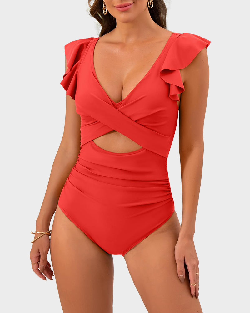 Emoswims - Ruffle Sleeve Cut-Out Ruched One-Piece Swimsuit