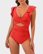 Emoswims - Ruffle Sleeve Cut-Out Ruched One-Piece Swimsuit