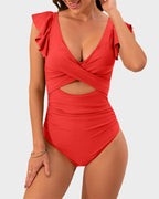 Emoswims - Ruffle Sleeve Cut-Out Ruched One-Piece Swimsuit