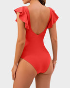 Emoswims - Ruffle Sleeve Cut-Out Ruched One-Piece Swimsuit