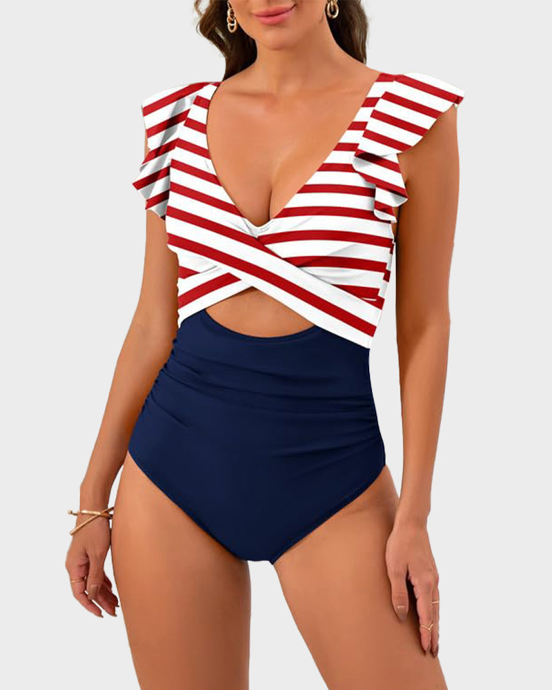 Emoswims - Ruffle Sleeve Cut-Out Ruched One-Piece Swimsuit