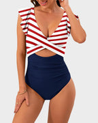 Emoswims - Ruffle Sleeve Cut-Out Ruched One-Piece Swimsuit