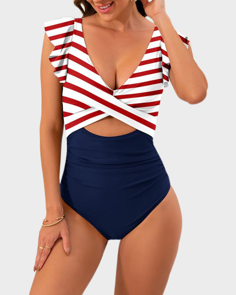 Emoswims - Ruffle Sleeve Cut-Out Ruched One-Piece Swimsuit