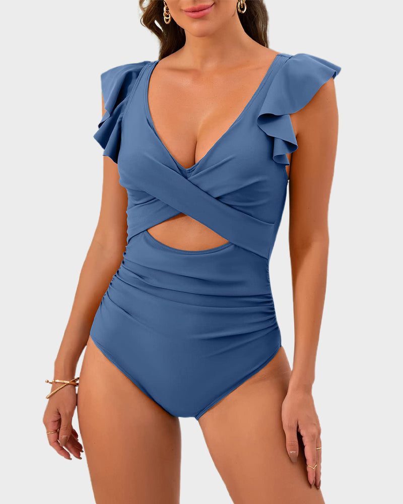 Emoswims - Ruffle Sleeve Cut-Out Ruched One-Piece Swimsuit
