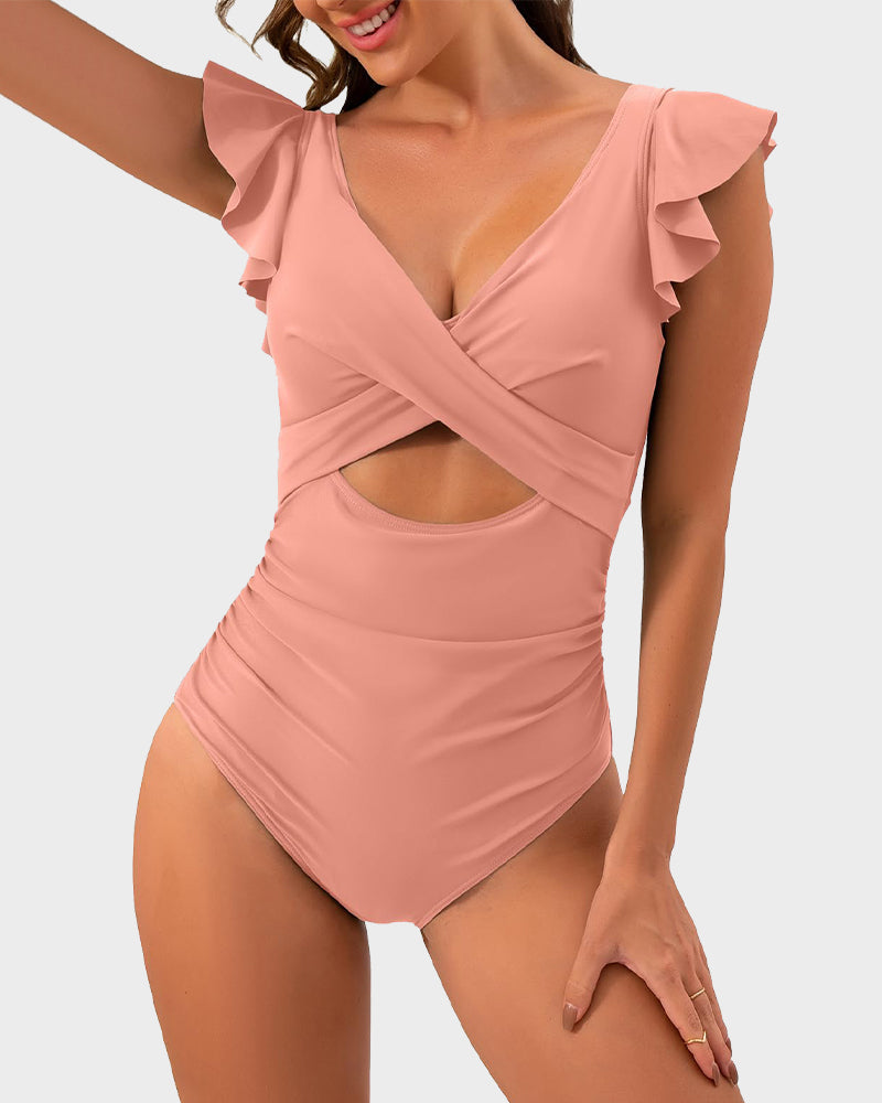 Emoswims - Ruffle Sleeve Cut-Out Ruched One-Piece Swimsuit