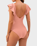 Emoswims - Ruffle Sleeve Cut-Out Ruched One-Piece Swimsuit
