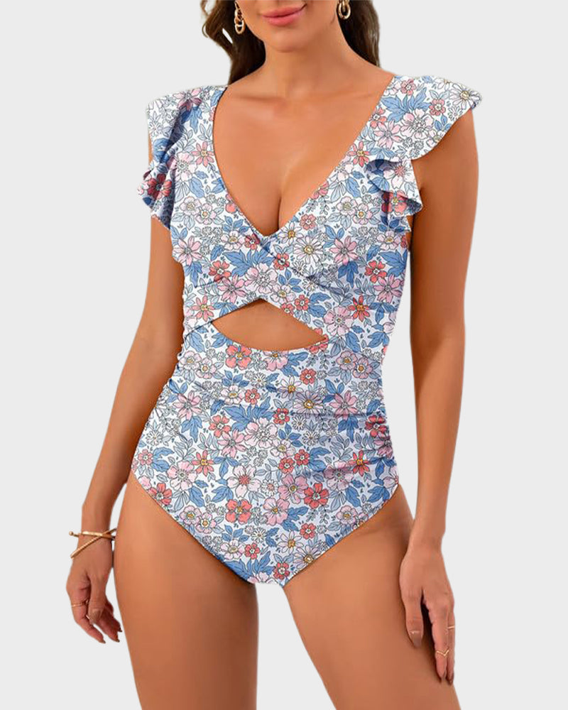 Emoswims - Ruffle Sleeve Cut-Out Ruched One-Piece Swimsuit