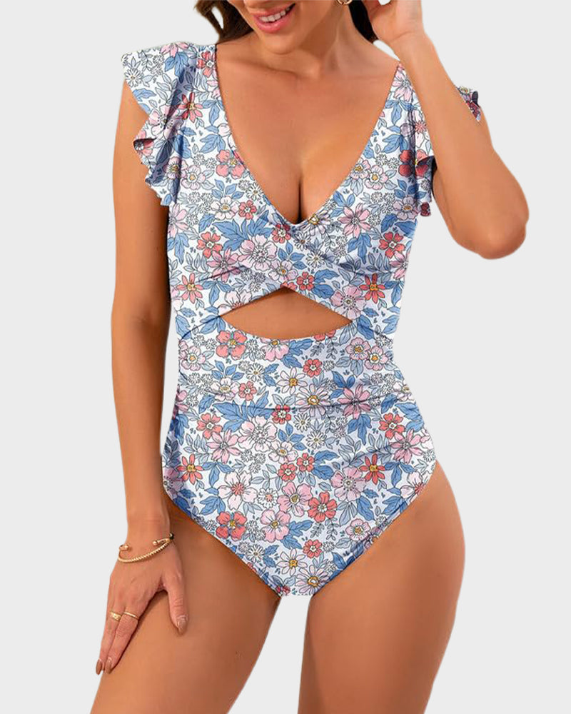 Emoswims - Ruffle Sleeve Cut-Out Ruched One-Piece Swimsuit