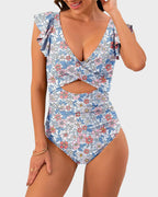 Emoswims - Ruffle Sleeve Cut-Out Ruched One-Piece Swimsuit