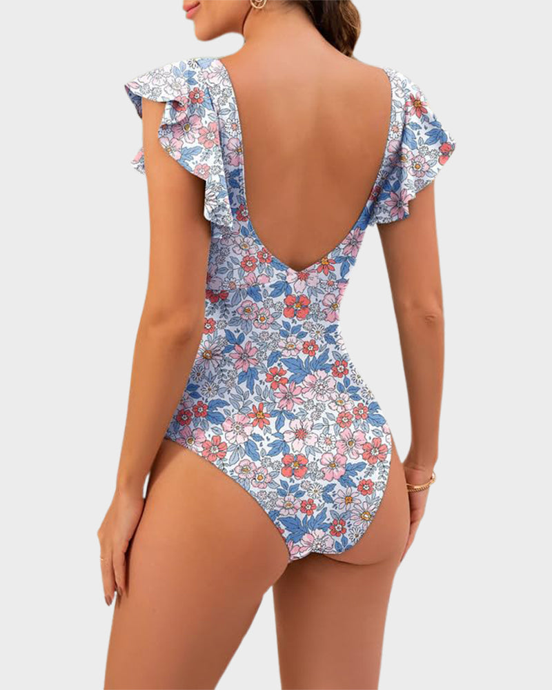 Emoswims - Ruffle Sleeve Cut-Out Ruched One-Piece Swimsuit